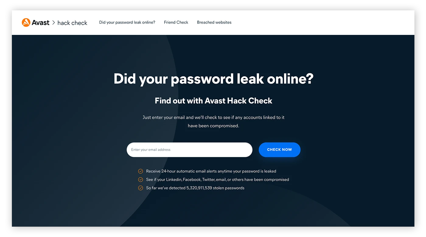 Avast HackCheck是一个免费工具，用于检查和查看你的个人数据是否被曝光。