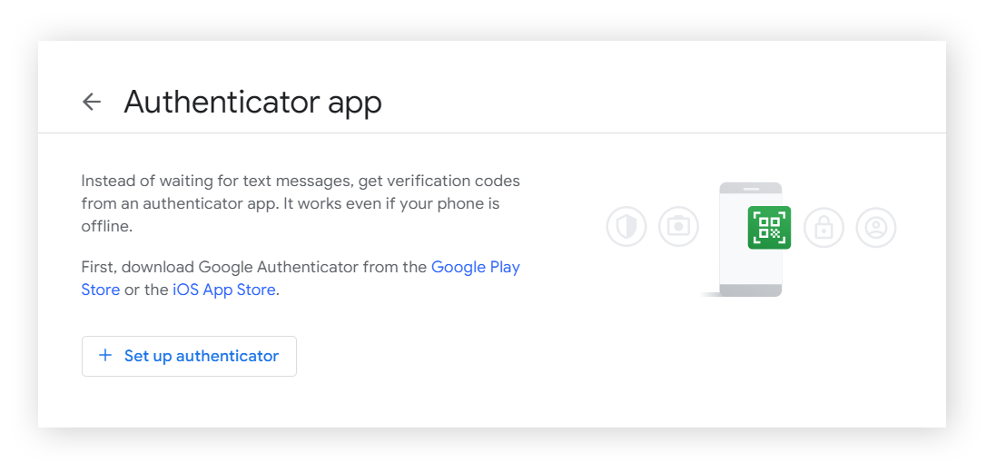 Google 账户中设置 Authenticator 应用的画面