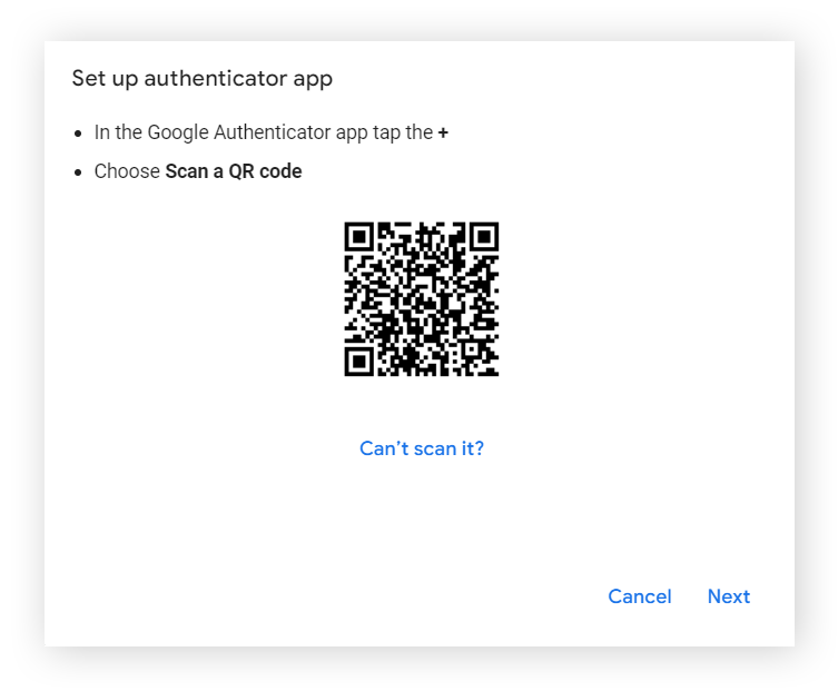 设置 Google Authenticator 的二维码界面